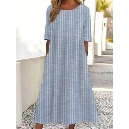 Women Striped Short Sleeve Summer Printing Dress Crew Neck Daily Casual Maxi Shift Dress H-Line Dress