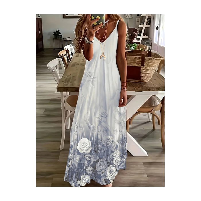 Women Floral Sleeveless Summer Printing Dress V Neck Daily Casual Maxi Slip Dress X-Line Dress
