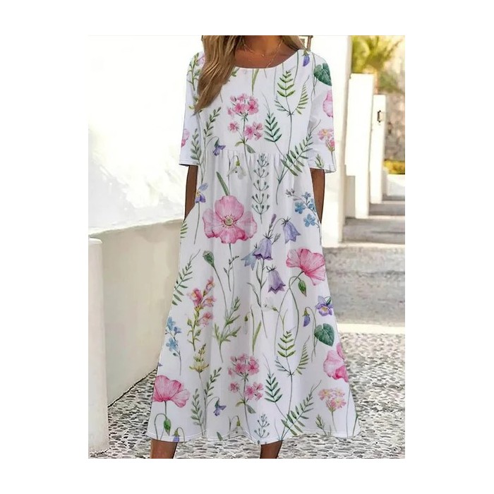 Women Floral Short Sleeve Summer Printing Dress Crew Neck Daily Casual Maxi Shift Dress H-Line Dress