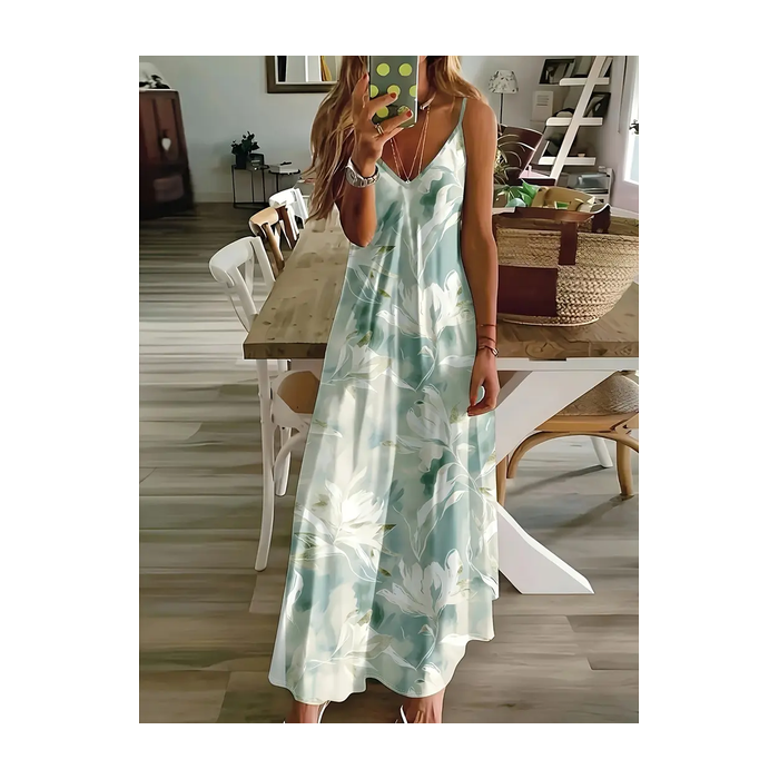 Women Floral Sleeveless Summer Printing Dress V Neck Daily Casual Maxi Slip Dress X-Line Dress