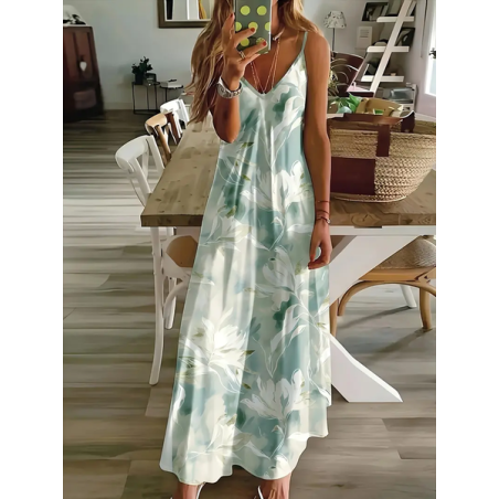 Women Floral Sleeveless Summer Printing Dress V Neck Daily Casual Maxi Slip Dress X-Line Dress