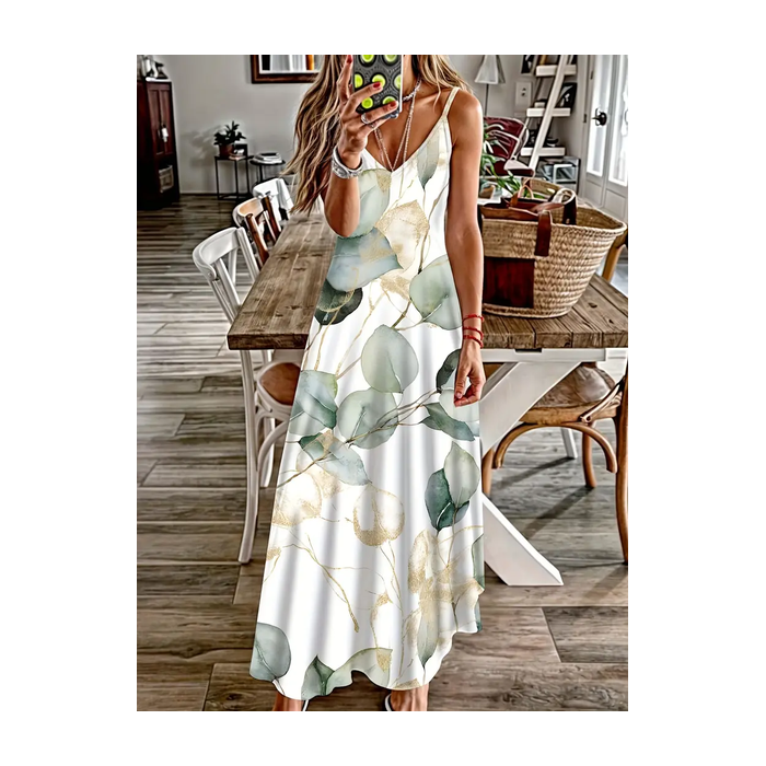 Women Floral Sleeveless Summer Printing Dress V Neck Daily Casual Maxi Slip Dress X-Line Dress