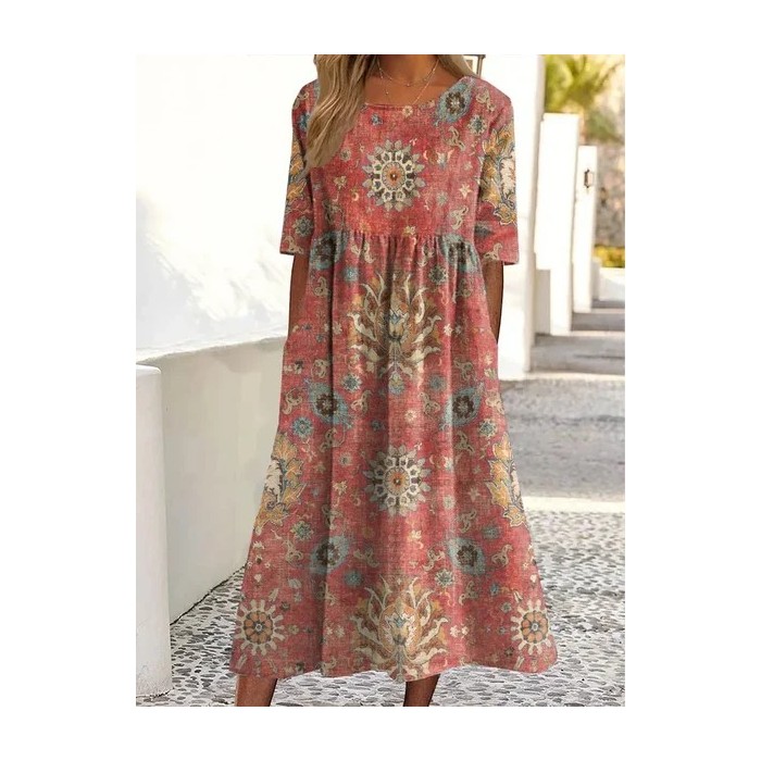 Women Floral Short Sleeve Summer Printing Dress Crew Neck Daily Casual Maxi Shift Dress H-Line Dress