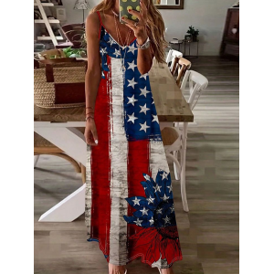 Women Independence Day (Flag) Sleeveless Summer Printing Dress V Neck Daily Casual Maxi Slip Dress X-Line Dress