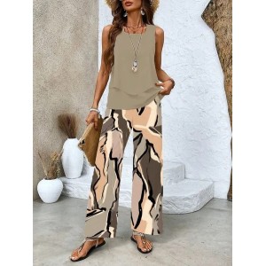 Women Abstract Printing Two-Piece Set Daily Sleeveless Casual Summer Top With Pants Matching Set