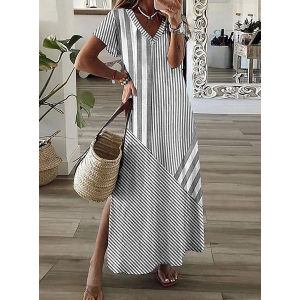 Women Striped Short Sleeve Summer Printing Dress V Neck Daily Casual Maxi X-Line Dress