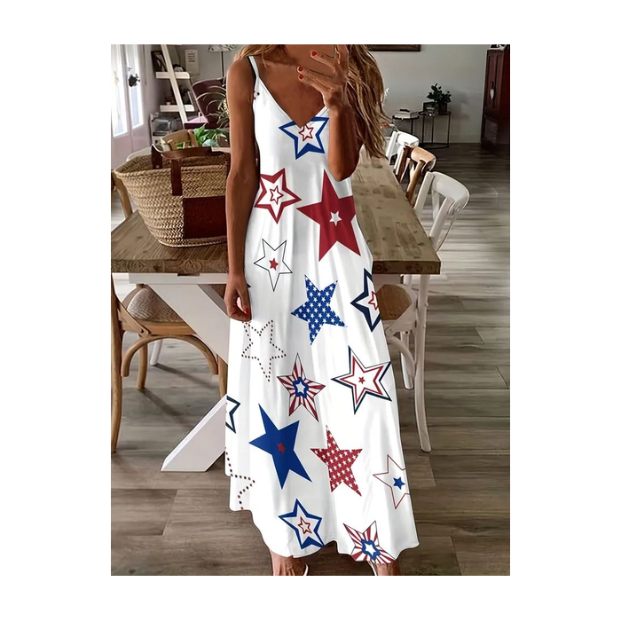 Women Star Sleeveless Summer Dress V Neck Daily Casual Maxi Slip Dress X-Line Dress
