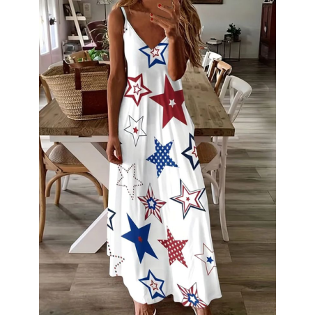 Women Star Sleeveless Summer Dress V Neck Daily Casual Maxi Slip Dress X-Line Dress