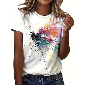 Women Dragonfly Short Sleeve Tee T-shirt Crew Neck Printing Casual Summer Graphic Tee Top