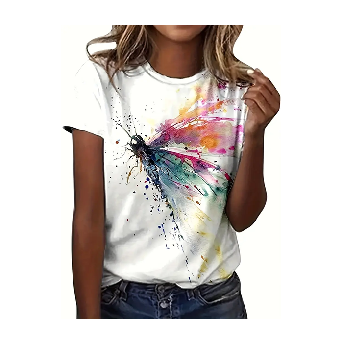 Women Dragonfly Short Sleeve Tee T-shirt Crew Neck Printing Casual Summer Graphic Tee Top