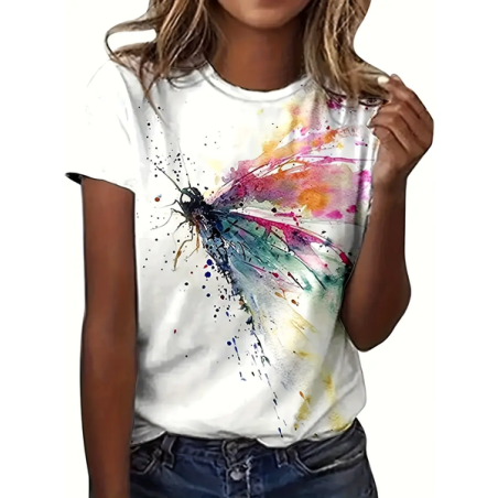 Women Dragonfly Short Sleeve Tee T-shirt Crew Neck Printing Casual Summer Graphic Tee Top