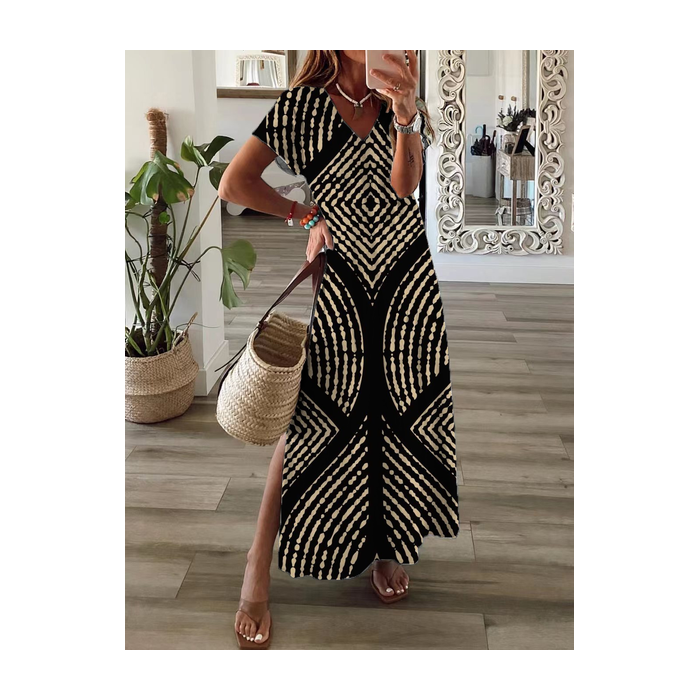 Women Geometric Short Sleeve Summer Printing Dress V Neck Daily Casual Maxi X-Line Dress