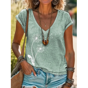 Women Floral Short Sleeve Tee T-shirt V Neck Printing Casual Summer Graphic Tee Top