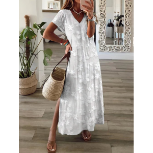 Women Floral Short Sleeve Summer Printing Dress V Neck Daily Casual Maxi X-Line Dress