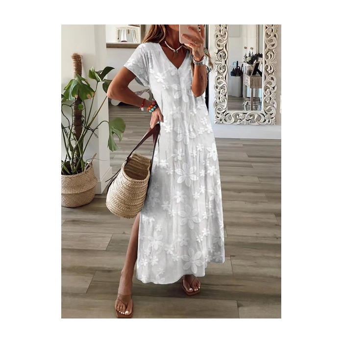 Women Floral Short Sleeve Summer Printing Dress V Neck Daily Casual Maxi X-Line Dress
