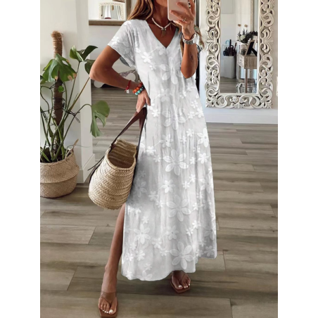 Women Floral Short Sleeve Summer Printing Dress V Neck Daily Casual Maxi X-Line Dress