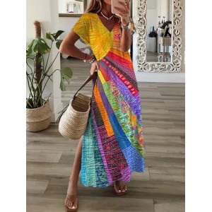 Women Hippie Short Sleeve Summer Printing Dress V Neck Daily Casual Maxi X-Line Dress