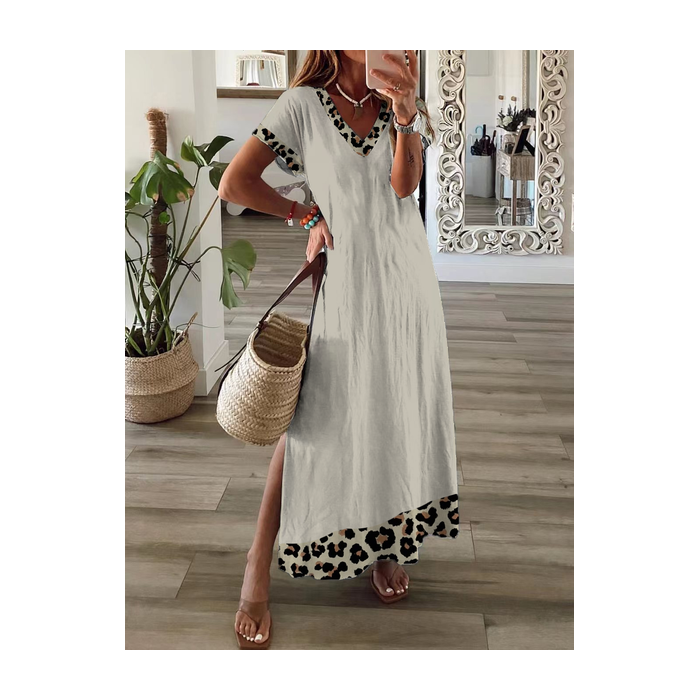 Women Leopard Short Sleeve Summer Printing Dress V Neck Daily Casual Maxi X-Line Dress