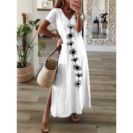 Women Floral Short Sleeve Summer Printing Dress V Neck Daily Casual Maxi X-Line Dress