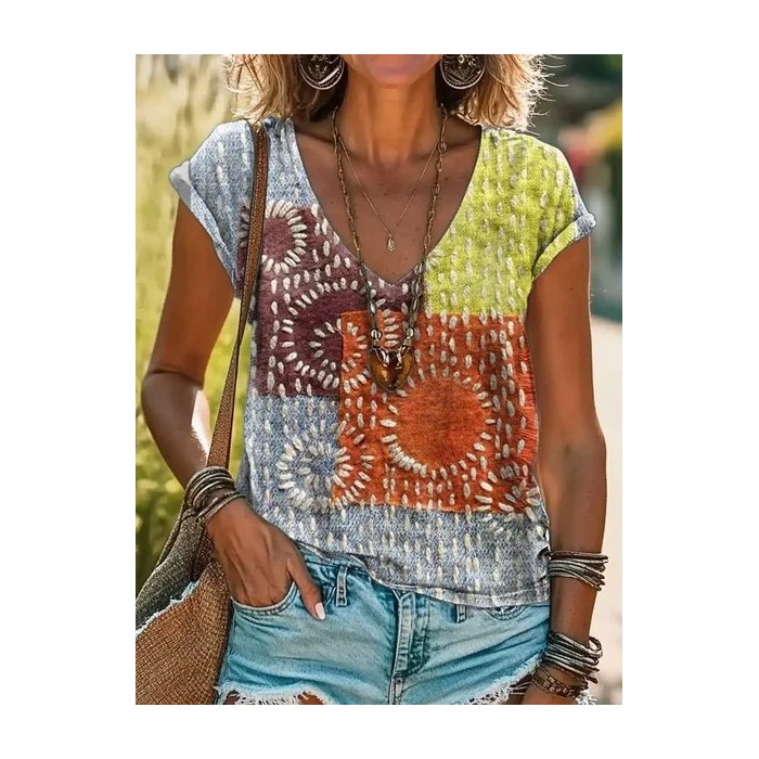 Women Geometric Short Sleeve Tee T-shirt V Neck Printing Casual Summer Graphic Tee Top