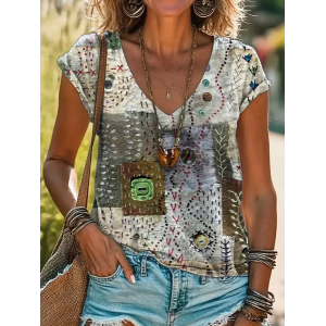 Women Abstract Short Sleeve Tee T-shirt V Neck Casual Summer Graphic Tee Top