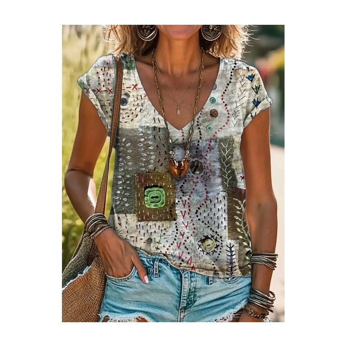 Women Abstract Short Sleeve Tee T-shirt V Neck Casual Summer Graphic Tee Top