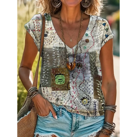 Women Abstract Short Sleeve Tee T-shirt V Neck Casual Summer Graphic Tee Top