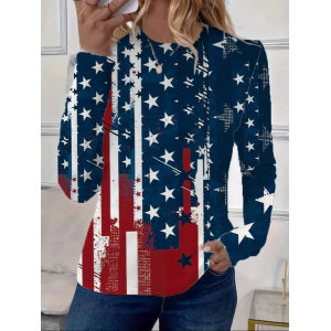 Women America Flag Long Sleeve Tee T-shirt Crew Neck Printing Casual Spring/Fall Graphic Tee Top