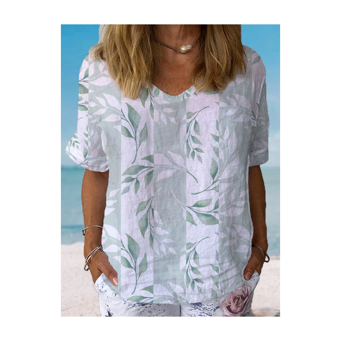 Women Floral Short Sleeve Blouse Summer Crew Neck Daily Casual Top