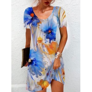 Women Floral Short Sleeve Summer Dress Crew Neck Daily Casual Mini Tunic H-Line Dress