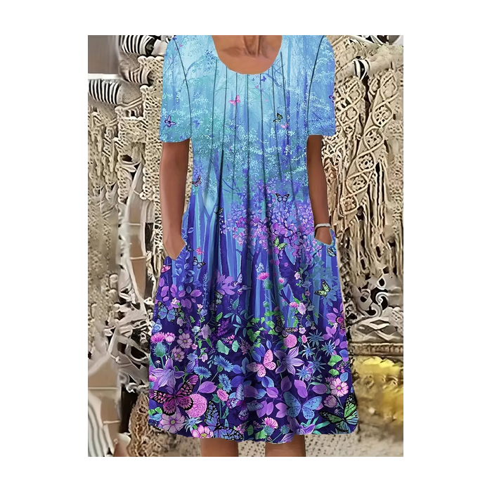Women's Floral Short Sleeve Summer Printing Dress Crew Neck Daily Casual Midi Fit & Flare Dress H-Line Dress