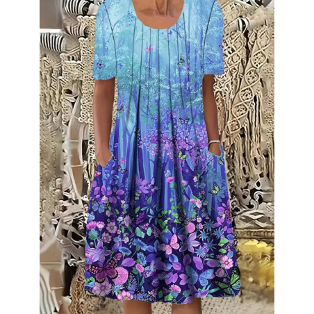 Women's Floral Short Sleeve Summer Printing Dress Crew Neck Daily Casual Midi Fit & Flare Dress H-Line Dress