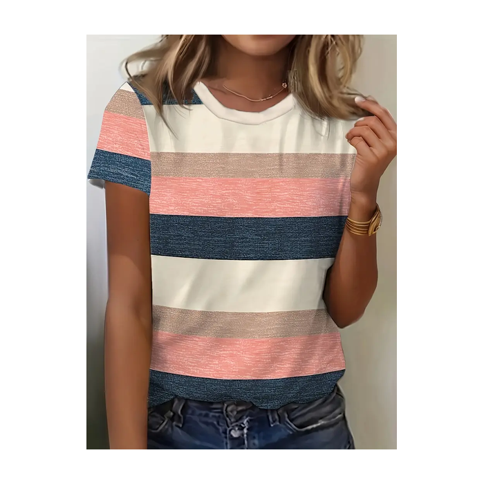 Women's Striped Short Sleeve Tee T-shirt Crew Neck Printing Casual Summer Graphic Tee Top