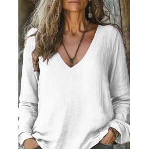 Women's Long Sleeve Tee T-shirt Spring/Fall Plain Printing V Neck Casual Top
