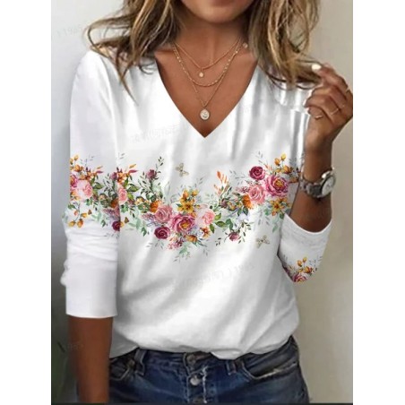 Women's Floral Long Sleeve Tee T-shirt V Neck Printing Casual Spring/Fall Graphic Tee Top