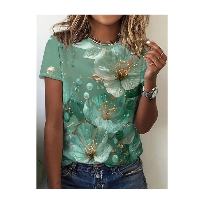 Women's Floral Short Sleeve Tee T-shirt Crew Neck Printing Casual Summer Graphic Tee Top