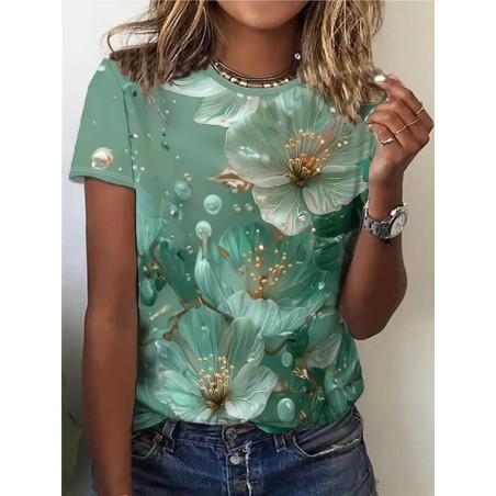 Women's Floral Short Sleeve Tee T-shirt Crew Neck Printing Casual Summer Graphic Tee Top