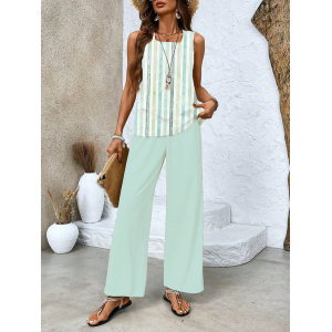 Women's Striped Printing Two-Piece Set Daily Sleeveless Casual Summer Top With Pants Matching Set