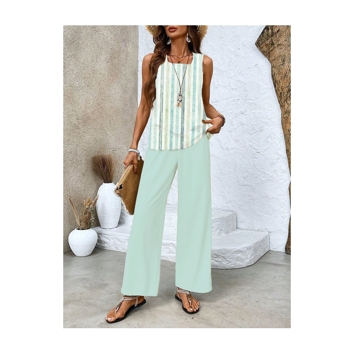 Women's Striped Printing Two-Piece Set Daily Sleeveless Casual Summer Top With Pants Matching Set