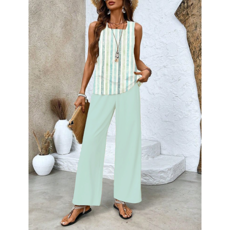 Women's Striped Printing Two-Piece Set Daily Sleeveless Casual Summer Top With Pants Matching Set