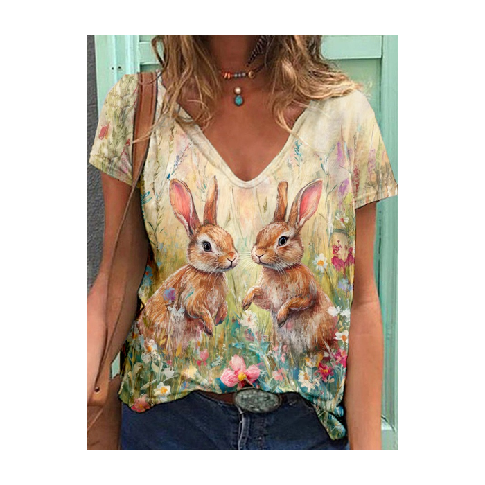 Women's Easter (rabbit) Short Sleeve Tee T-shirt V Neck Printing Casual Summer Graphic Tee Top