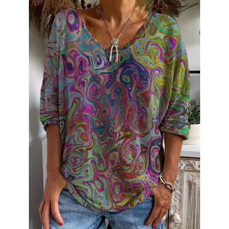 Women's Abstract Long Sleeve Tee T-shirt V Neck Printing Casual Spring/Fall Graphic Tee Top
