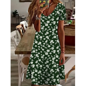 Women's Floral Short Sleeve Summer Printing Dress V Neck Daily Casual Knee Length T-Shirt Dress H-Line Dress