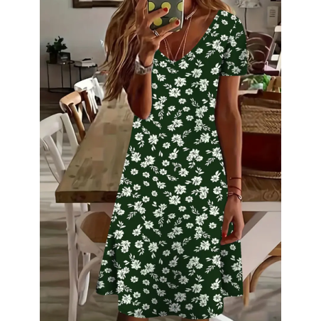 Women's Floral Short Sleeve Summer Printing Dress V Neck Daily Casual Knee Length T-Shirt Dress H-Line Dress