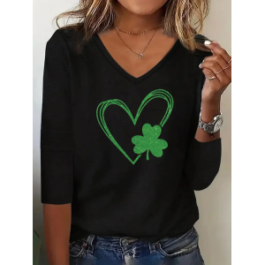 Women's Shamrock Long Sleeve Tee T-shirt V Neck Printing Casual Spring/Fall Top