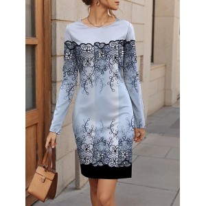 Women's Long Sleeve Spring/Fall Plants Jersey Dress Floral Holiday Going Out Casual Mini H-Line T-Shirt Dress