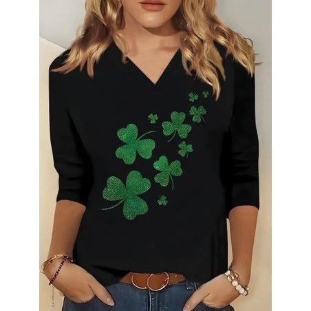 Women's Long Sleeve Tee T-shirt Spring/Fall Shamrock St. Patrick's Day Floral V Neck Casual Top