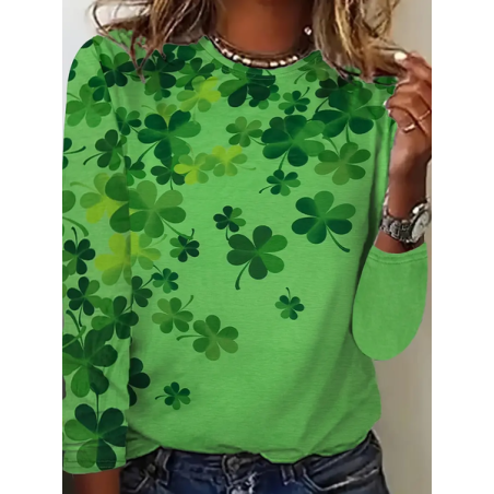 Women's Long Sleeve Tee T-shirt Spring/Fall Shamrock St. Patrick's Day Floral Casual Top