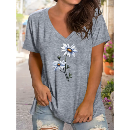 Women's Floral Short Sleeve Tee T-shirt V Neck Printing Casual Summer Graphic Tee Top