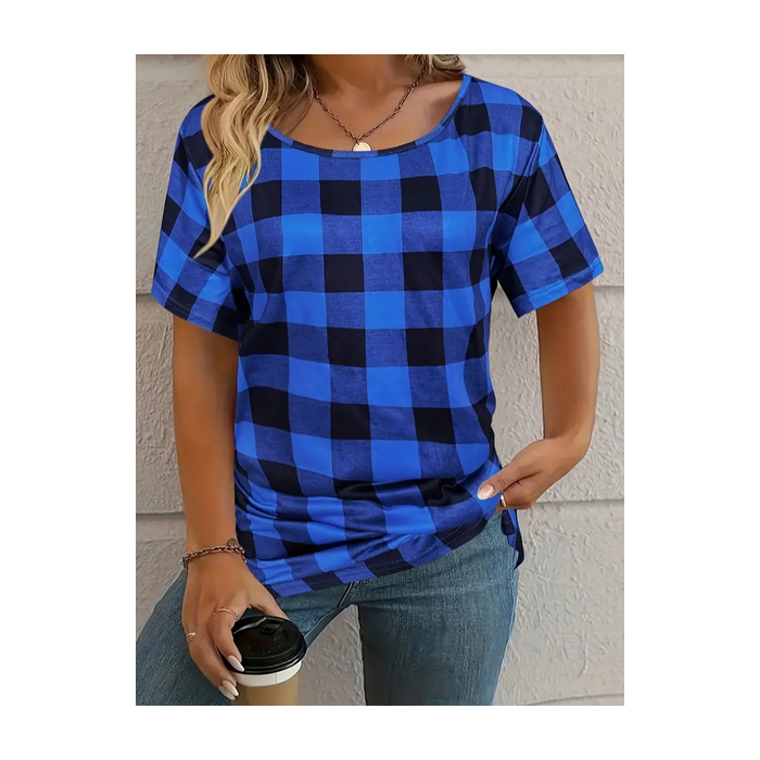 Women's Plaid Short Sleeve Tee T-shirt Crew Neck Printing Casual Summer Graphic Tee Top